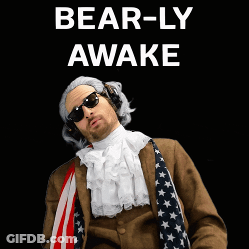 A Man Wearing Sunglasses And Headphones With The Words Bear-Ly Awake Behind Him GIF