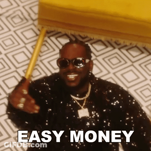 A Man Wearing Sunglasses And Sequins Is Smiling And Holding A Cane With Easy Money Written On It GIF