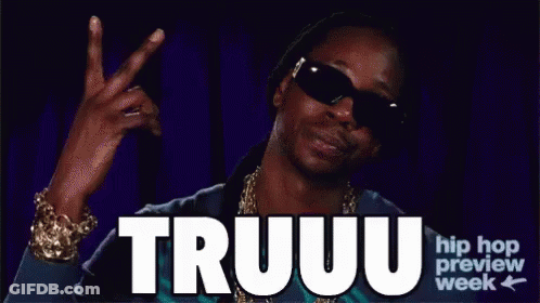 A Man Wearing Sunglasses Giving A Peace Sign With The Word Truuu On The Bottom GIF