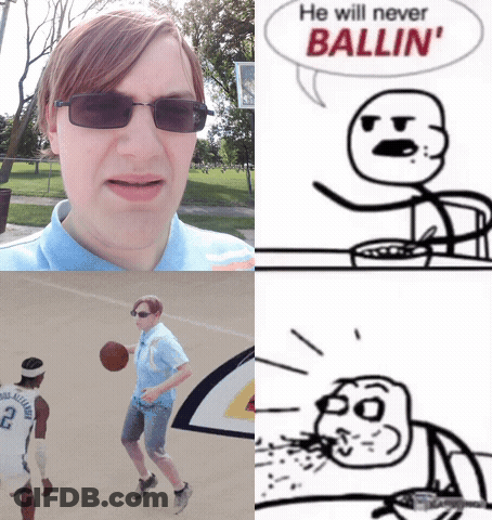 A Man Wearing Sunglasses Has A Speech Bubble That Says " He Will Never Ballin ' " GIF