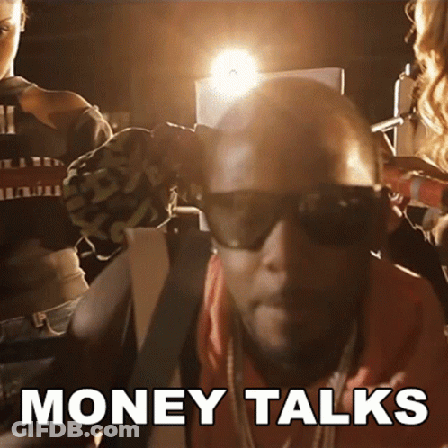 A Man Wearing Sunglasses Has The Word Money Talks Written On His Face GIF