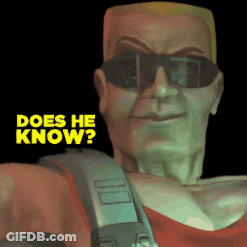 A Man Wearing Sunglasses Has The Words " Does He Know " Above His Head GIF