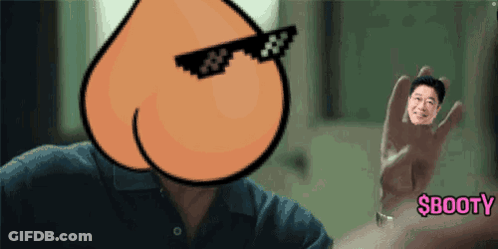 A Man Wearing Sunglasses Holds A Picture Of A Man 'S Butt In His Hand With The Word Booty In Pink GIF