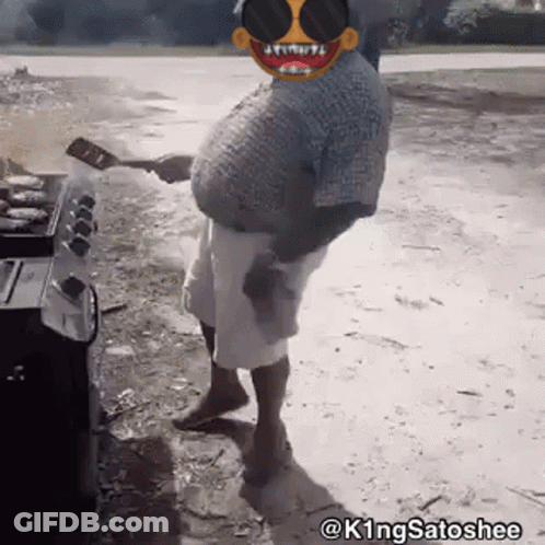 A Man Wearing Sunglasses Is Cooking Food On A Grill With The Hashtag K1ngsatoshee At The Bottom GIF