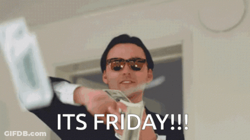 A Man Wearing Sunglasses Is Holding A Pile Of Money And Says It 'S Friday GIF