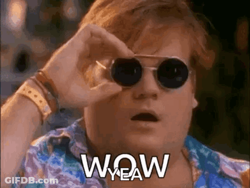 A Man Wearing Sunglasses Is Looking Through A Pair Of Binoculars And Saying Wow Yeah . GIF