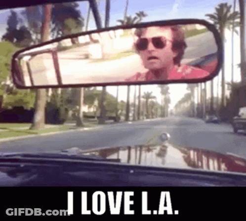 A Man Wearing Sunglasses Is Reflected In The Rear View Mirror Of A Car With The Words I Love L.a. Below Him GIF