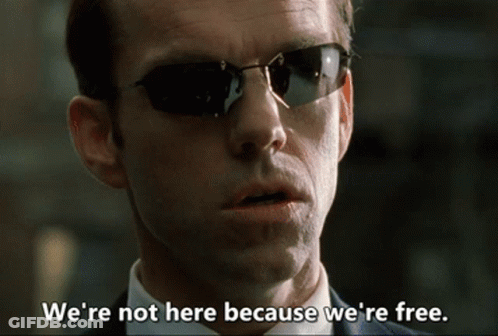A Man Wearing Sunglasses Is Saying " We 'Re Not Here Because We 'Re Free " GIF