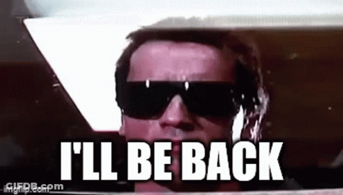 A Man Wearing Sunglasses Is Sitting In A Car With The Words `` I 'Ll Be Back '' Written On His Face . GIF
