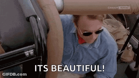 A Man Wearing Sunglasses Is Sitting In A Car With The Words `` It 'S Beautiful '' Written On The Screen . GIF