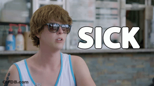 A Man Wearing Sunglasses Is Sitting In Front Of A Sign That Says " Sick " GIF