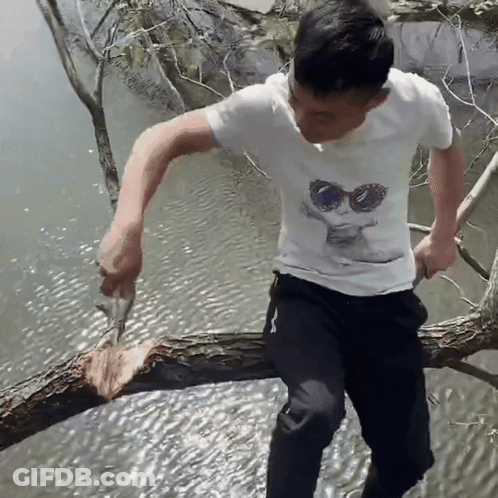 A Man Wearing Sunglasses Is Sitting On A Tree Branch Overlooking A River GIF
