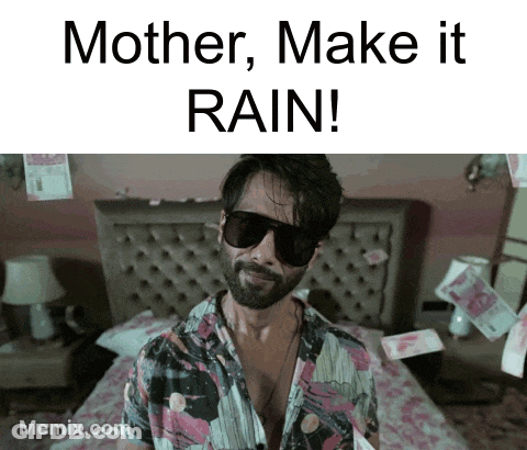 A Man Wearing Sunglasses Is Standing In Front Of A Bed With The Words Mother Make It Rain Written Above Him GIF