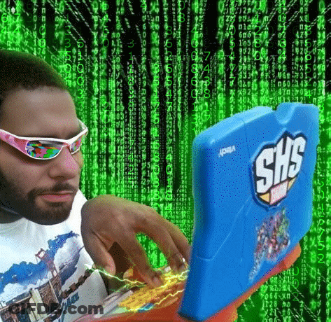 A Man Wearing Sunglasses Is Typing On A Blue Shs Laptop GIF