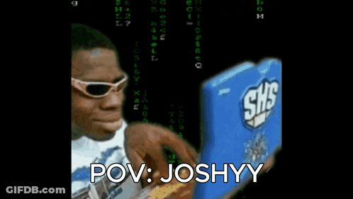A Man Wearing Sunglasses Is Typing On A Laptop With The Words Pov Joshyy Written Below Him GIF