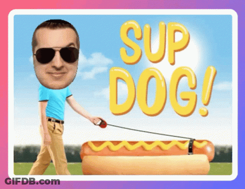 A Man Wearing Sunglasses Is Walking A Hot Dog On A Leash With The Words " Sup Dog " Above Him GIF