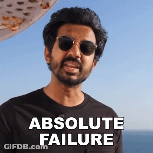 A Man Wearing Sunglasses Says " Absolute Failure " In Front Of A Pizza GIF