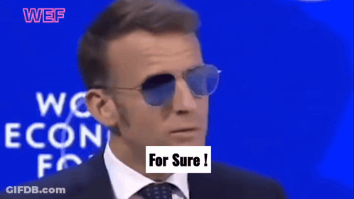 A Man Wearing Sunglasses Says " For Sure " In Front Of A Blue Background That Says Wef GIF