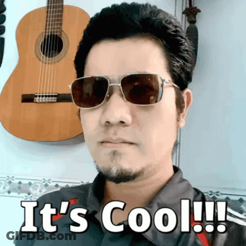 A Man Wearing Sunglasses Says " It 'S Cool " In Front Of A Guitar GIF
