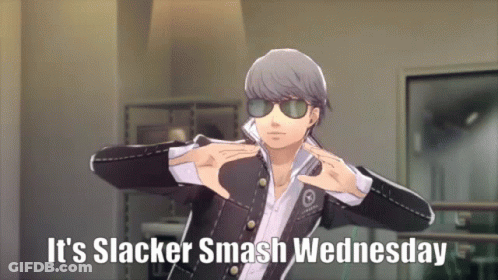 A Man Wearing Sunglasses Says It 'S Slacker Smash Wednesday On The Bottom GIF
