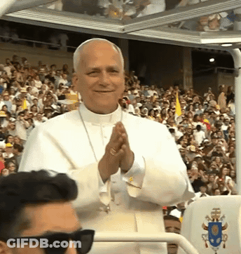 A Man Wearing Sunglasses Stands In Front Of A Crowd With A Shield That Says Papal GIF