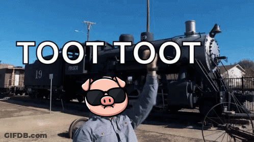 A Man Wearing Sunglasses Stands In Front Of A Train With The Words Toot Toot Written On It GIF