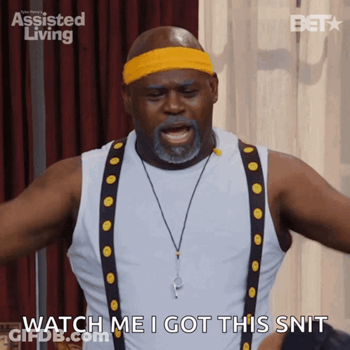 Man In Suspenders And Yellow Headband Says Watch Me I Got This GIF