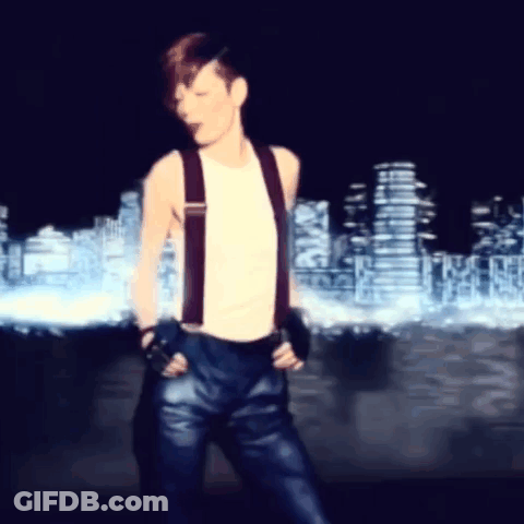 A Man Wearing Suspenders And Gloves Is Dancing In Front Of A City Skyline GIF