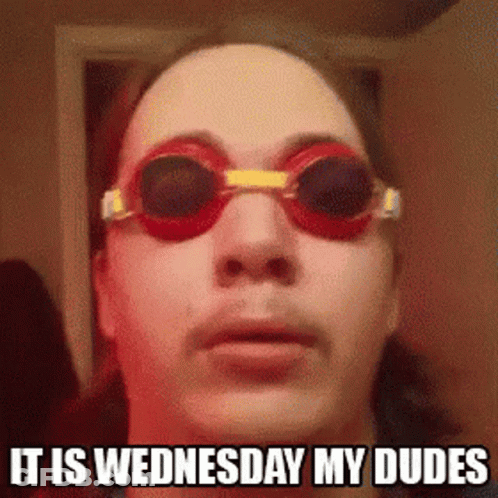 A Man Wearing Swimming Goggles With The Words It Is Wednesday My Dudes Below Him GIF