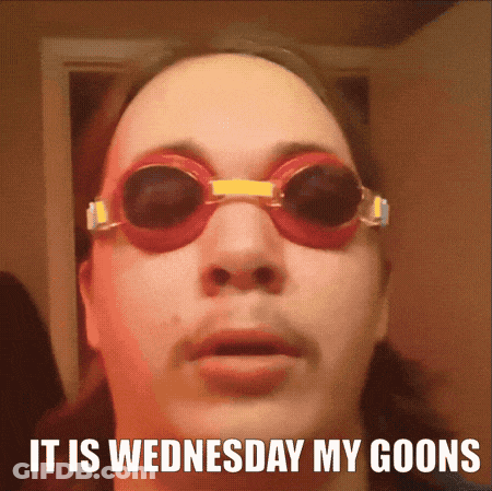 A Man Wearing Swimming Goggles With The Words It Is Wednesday My Goons GIF