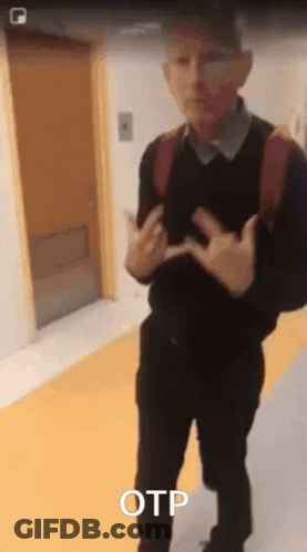 A Man With A Backpack Is Standing In A Hallway With The Word Otp Above Him GIF