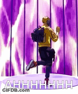 A Man With A Backpack Is Standing On One Leg In Front Of A Purple Wall . GIF