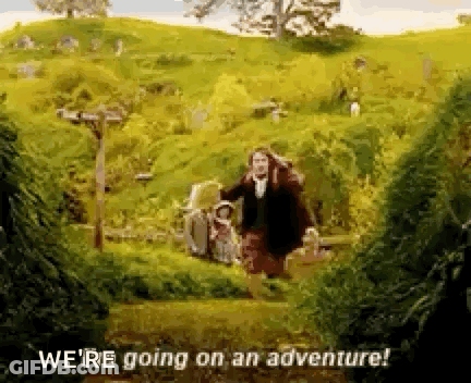 A Man With A Backpack Is Walking Through A Field With The Words `` We 'Re Going On An Adventure '' Above Him . GIF