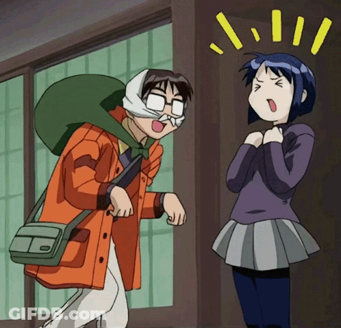 A Man With A Bag On His Back Is Talking To A Woman GIF