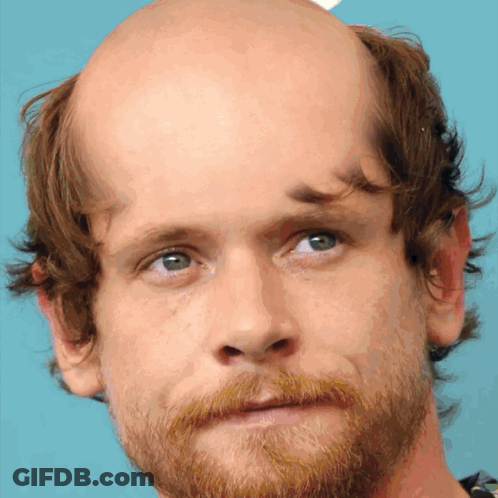 A Man With A Bald Head And A Beard Looks At The Camera GIF