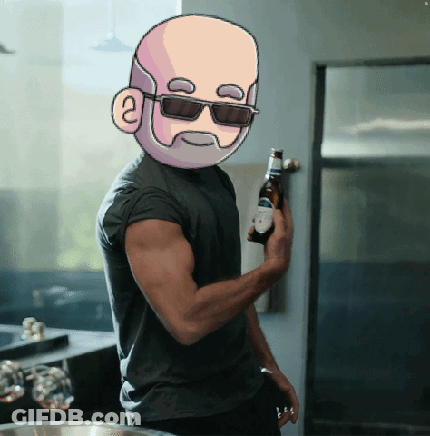 A Man With A Bald Head And Sunglasses Is Holding A Bottle GIF