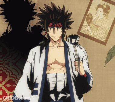 A Man With A Bandage On His Chest Is Holding A Fan In Front Of A Picture Of A Woman In A Kimono GIF