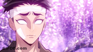 A Man With A Bandage On His Head And White Eyes Is Standing In Front Of A Purple Background . GIF