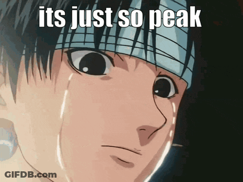 A Man With A Bandage On His Head Is Crying With The Words Its Just So Peak Above Him GIF