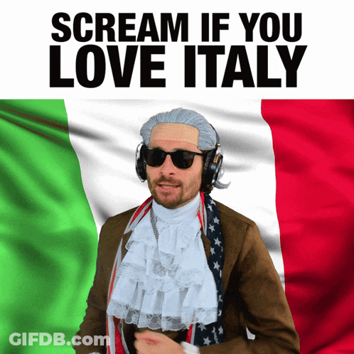 A Man With A Bandage On His Head Is Screaming If You Love Italy In Front Of An Italian Flag GIF
