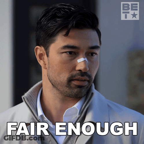A Man With A Bandage On His Nose And The Words Fair Enough GIF