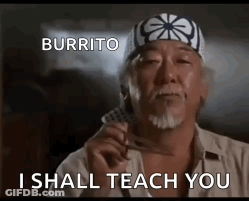 A Man With A Bandana On His Head Is Holding A Fork And Says Burrito I Shall Teach You GIF