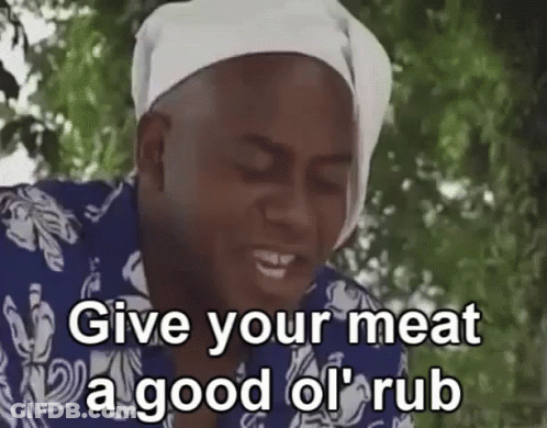 A Man With A Bandana On His Head Is Talking About Giving Your Meat A Good Ol ' Rub . GIF