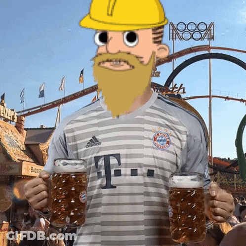 A Man With A Beard And A Hard Hat Is Wearing A Bayern Munich Jersey GIF