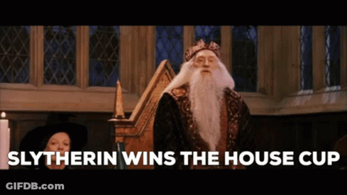 A Man With A Beard And A Hat Is Standing In A Room With The Words Slytherin Wins The House Cup . GIF