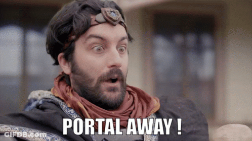 A Man With A Beard And A Headband Is Saying Portal Away GIF