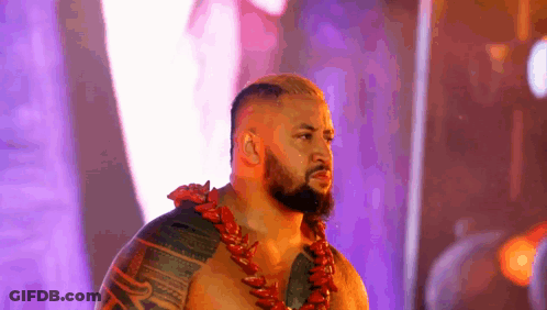 A Man With A Beard And A Lei Around His Neck Is Standing In Front Of A Purple Background . GIF