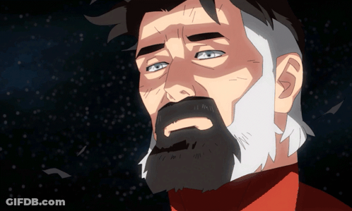 A Man With A Beard And A Red Shirt Is Looking Up At The Sky GIF