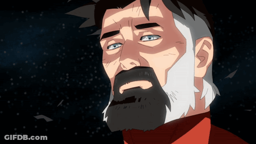 A Man With A Beard And A Red Shirt Looks Up Into The Sky GIF