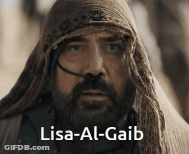 A Man With A Beard And A Scarf Around His Head Has The Name Lisa-Al-Gaib Written On His Face GIF